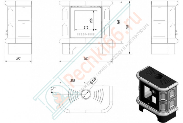 Изразцовая печь-камин WK440, черная (Kratki)