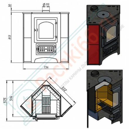 Печь-камин ПК-01 (220), угловой с конфоркой, талькохлорит (Везувий) до 150 м3