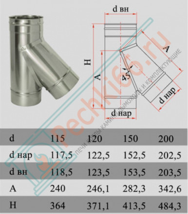 Тройник 45° без изол (НЕРЖ-321/0,5) d-115 (Дымок-Lux)