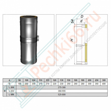 Труба V50R телескопическая с изол L=260-380 (AISI-321/0,8-AISI-304/0,5) d-120/220 (Вулкан-Cerablanket)